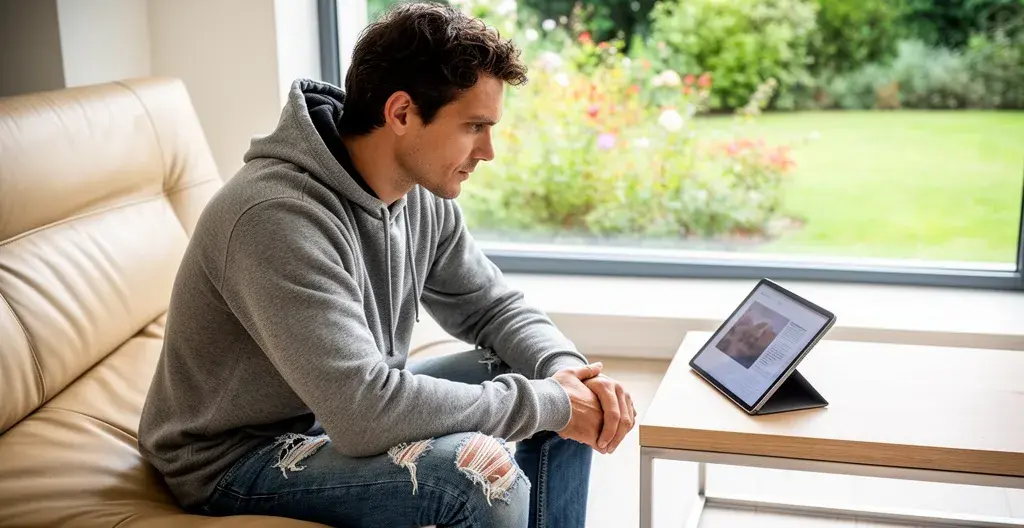 Personne consultant une estimation immobilière sur tablette dans un salon lumineux