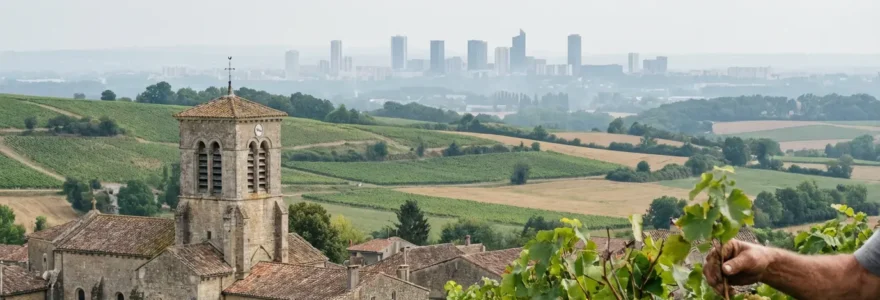 Paysage rural français avec village traditionnel et silhouette urbaine à l'horizon illustrant les disparités prix immobilier