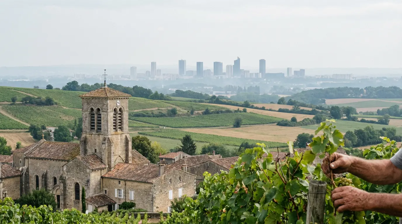 Paysage rural français avec village traditionnel et silhouette urbaine à l'horizon illustrant les disparités prix immobilier