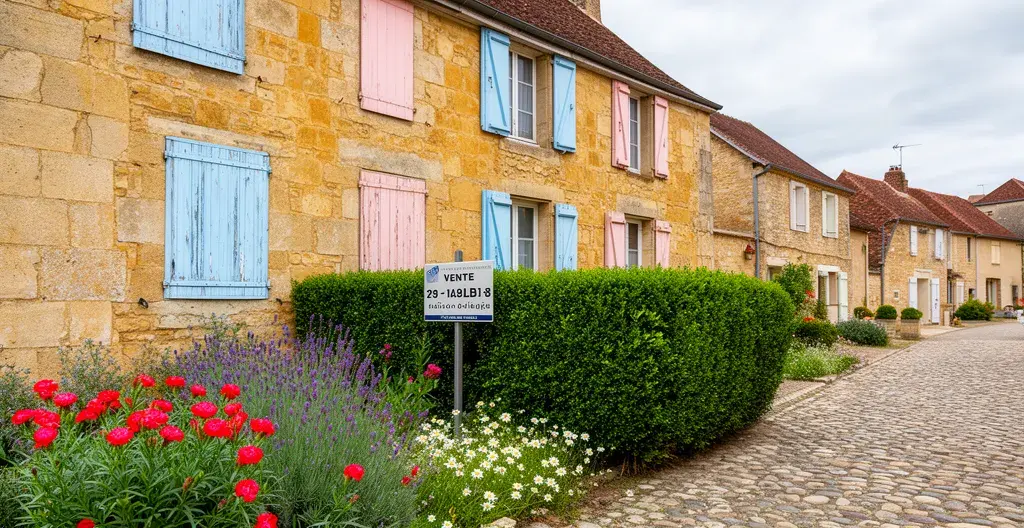 Façade de maison traditionnelle française avec pancarte immobilière dans village rural